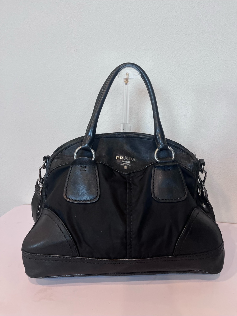 PRADA TESSUTO NYLON AND LEATHER BOWLER BAG